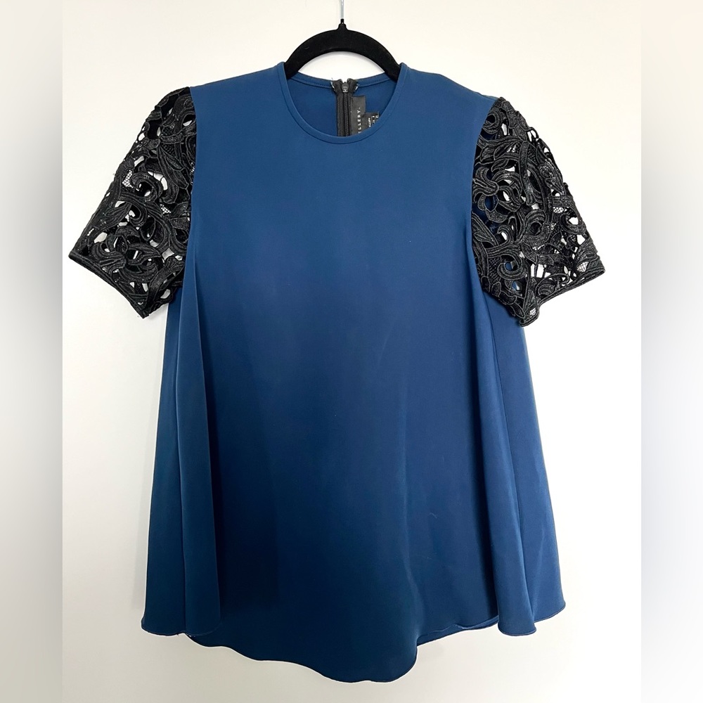 ELLERY Blue Blouse with Black Lace Sleeve Size US4 / AU8